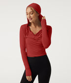 Hooded Long Sleeve Crossover Ruched Yoga Sports Top — Rubicondo — view 4