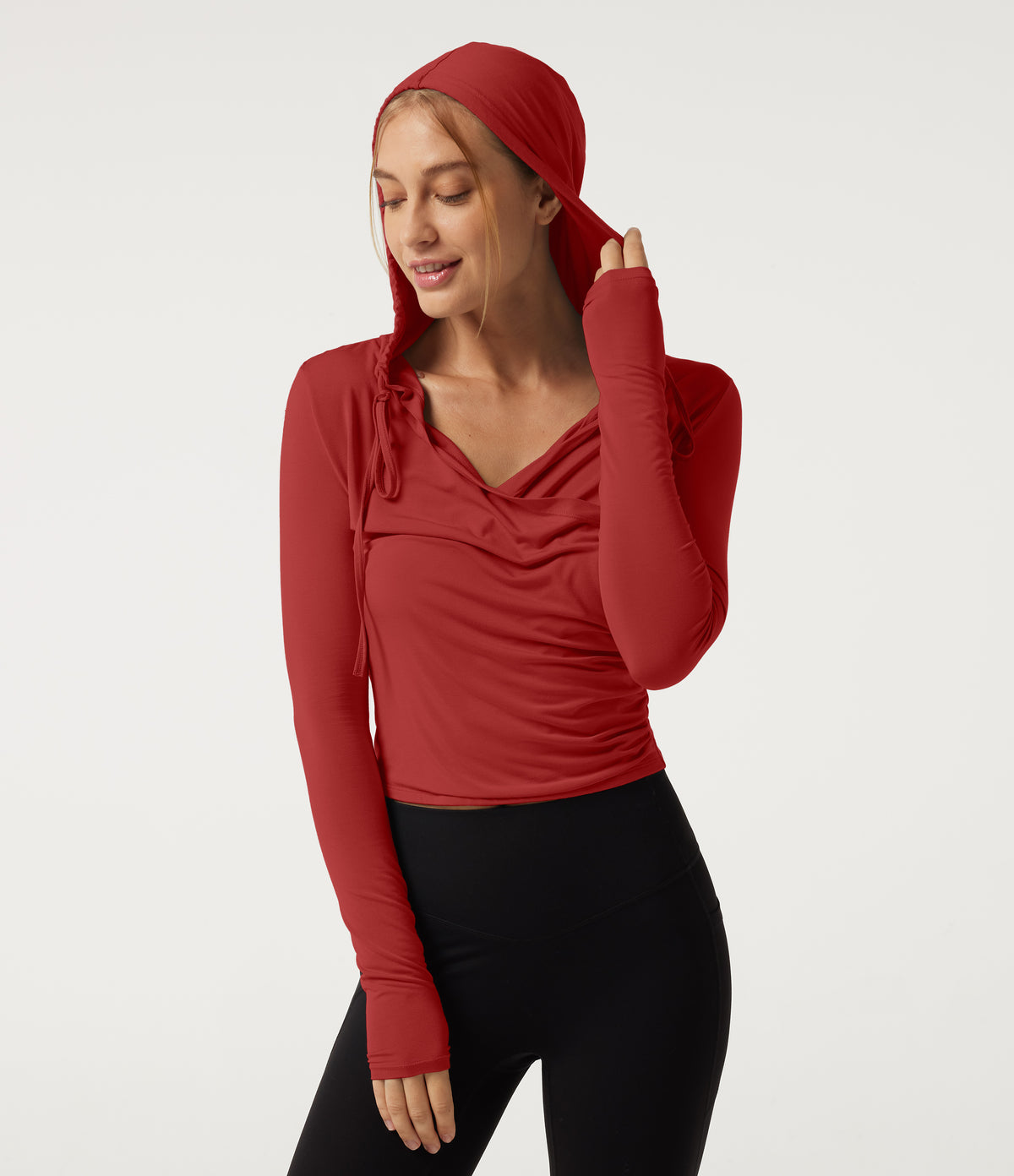 Hooded Long Sleeve Crossover Ruched Yoga Sports Top — Rubicondo — view 4
