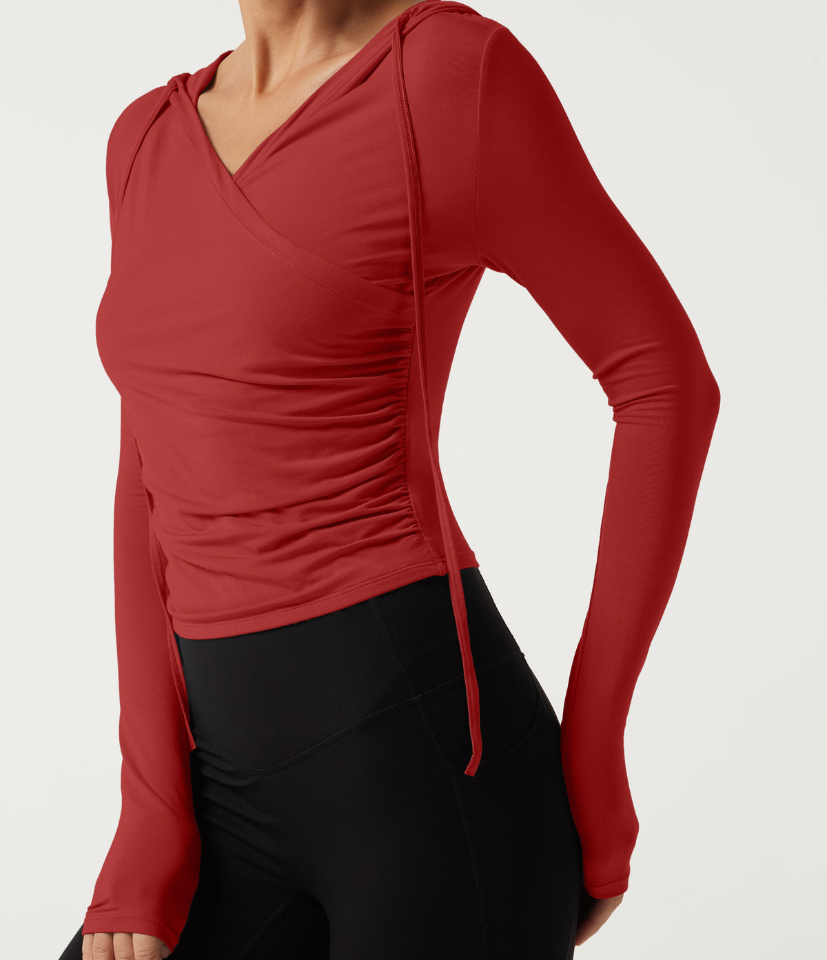 Hooded Long Sleeve Crossover Ruched Yoga Sports Top — Rubicondo — view 6