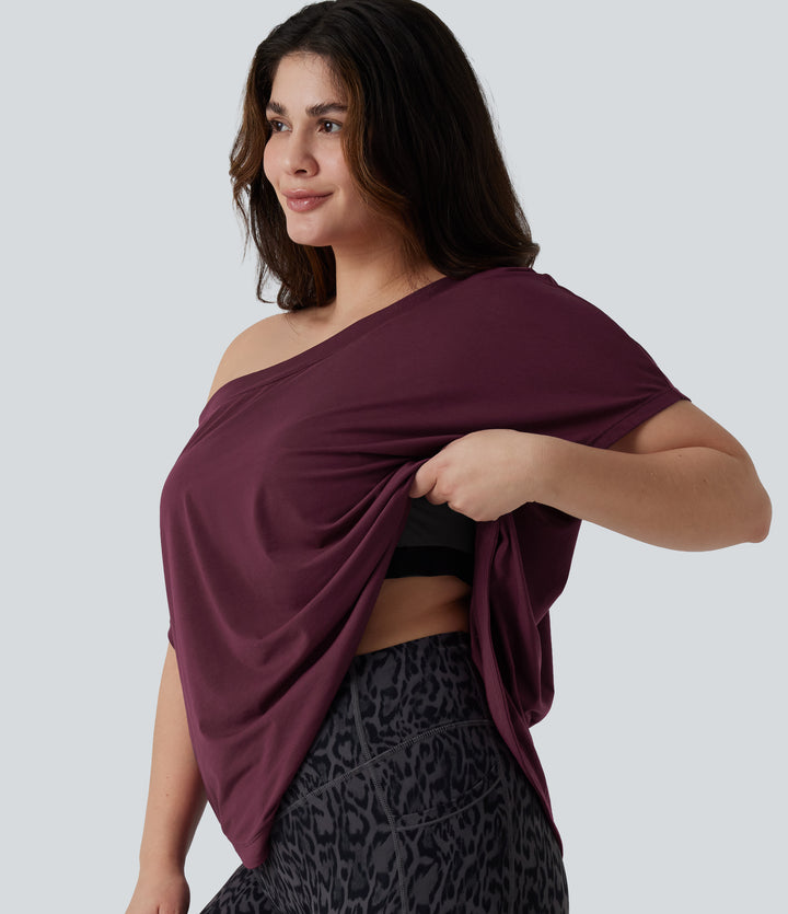 Plus Size One Shoulder Short Sleeve Curved Hem Quick Dry Yoga Sports Top with Built-in Bra — Tibetan Red — view 1