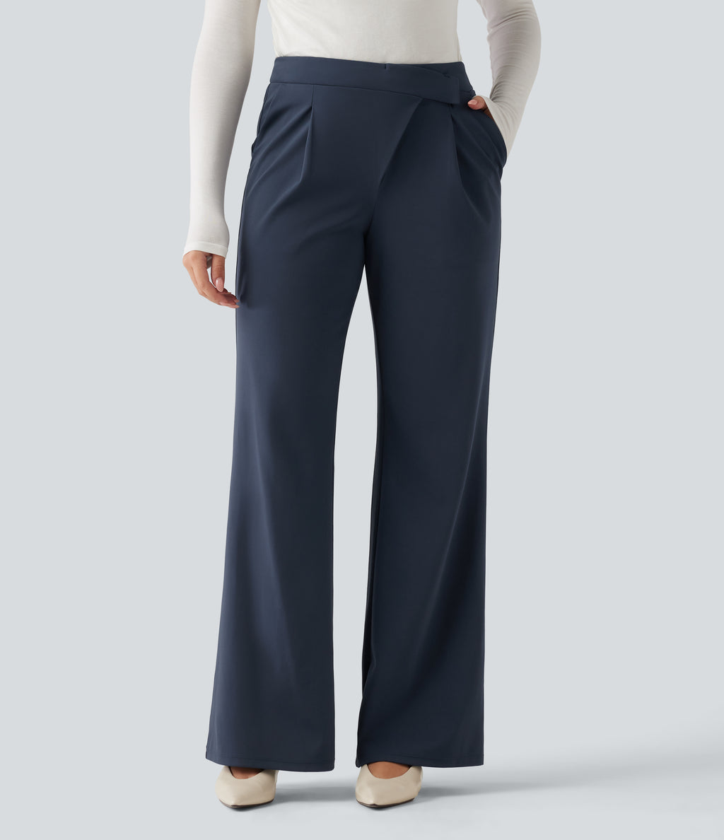 Winkle Recovery Mid Rise Asymmetric Waist Flare Work Trousers with Pockets — Midnight Blue — view 3