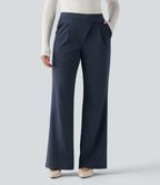 Winkle Recovery Mid Rise Asymmetric Waist Flare Work Trousers with Pockets — Midnight Blue — view 3
