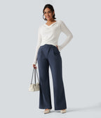 Winkle Recovery Mid Rise Asymmetric Waist Flare Work Trousers with Pockets — Midnight Blue — view 7