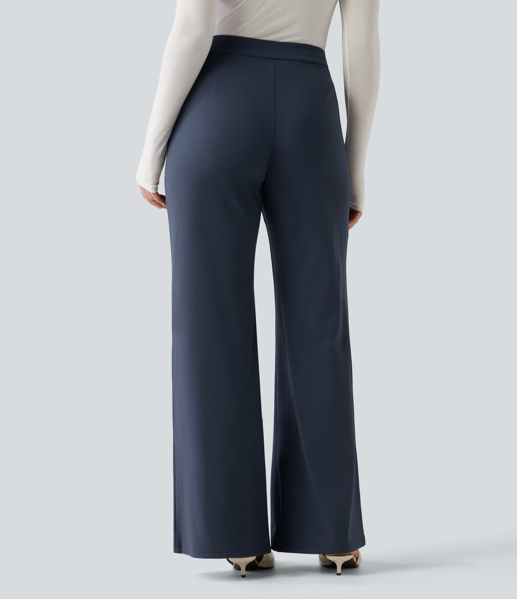 Winkle Recovery Mid Rise Asymmetric Waist Flare Work Trousers with Pockets — Midnight Blue — view 2
