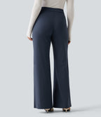 Winkle Recovery Mid Rise Asymmetric Waist Flare Work Trousers with Pockets — Midnight Blue — view 2