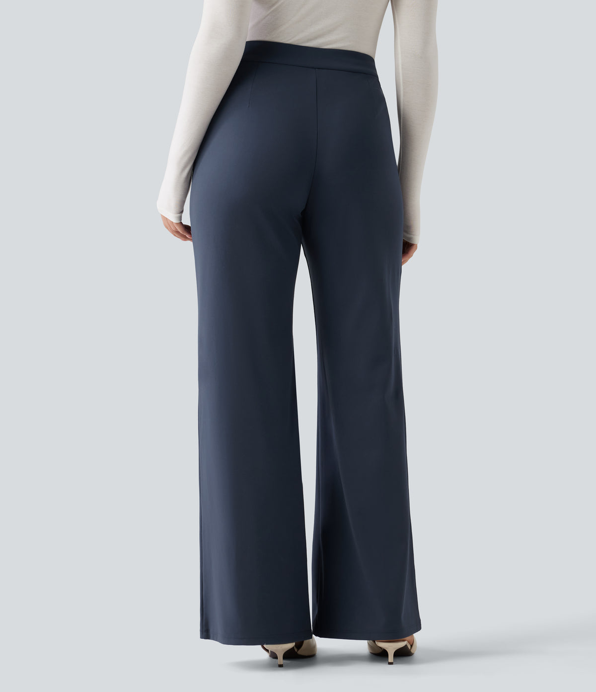 Winkle Recovery Mid Rise Asymmetric Waist Flare Work Trousers with Pockets — Midnight Blue — view 2