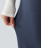 Winkle Recovery Mid Rise Asymmetric Waist Flare Work Trousers with Pockets — Midnight Blue — view 6