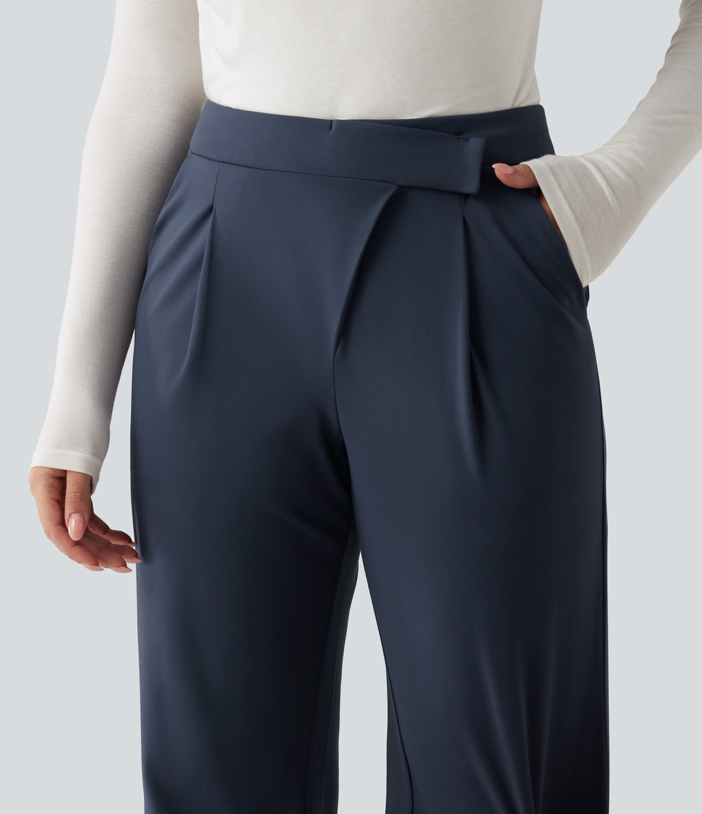 Winkle Recovery Mid Rise Asymmetric Waist Flare Work Trousers with Pockets — Midnight Blue — view 4