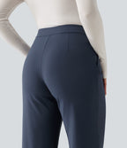 Winkle Recovery Mid Rise Asymmetric Waist Flare Work Trousers with Pockets — Midnight Blue — view 5