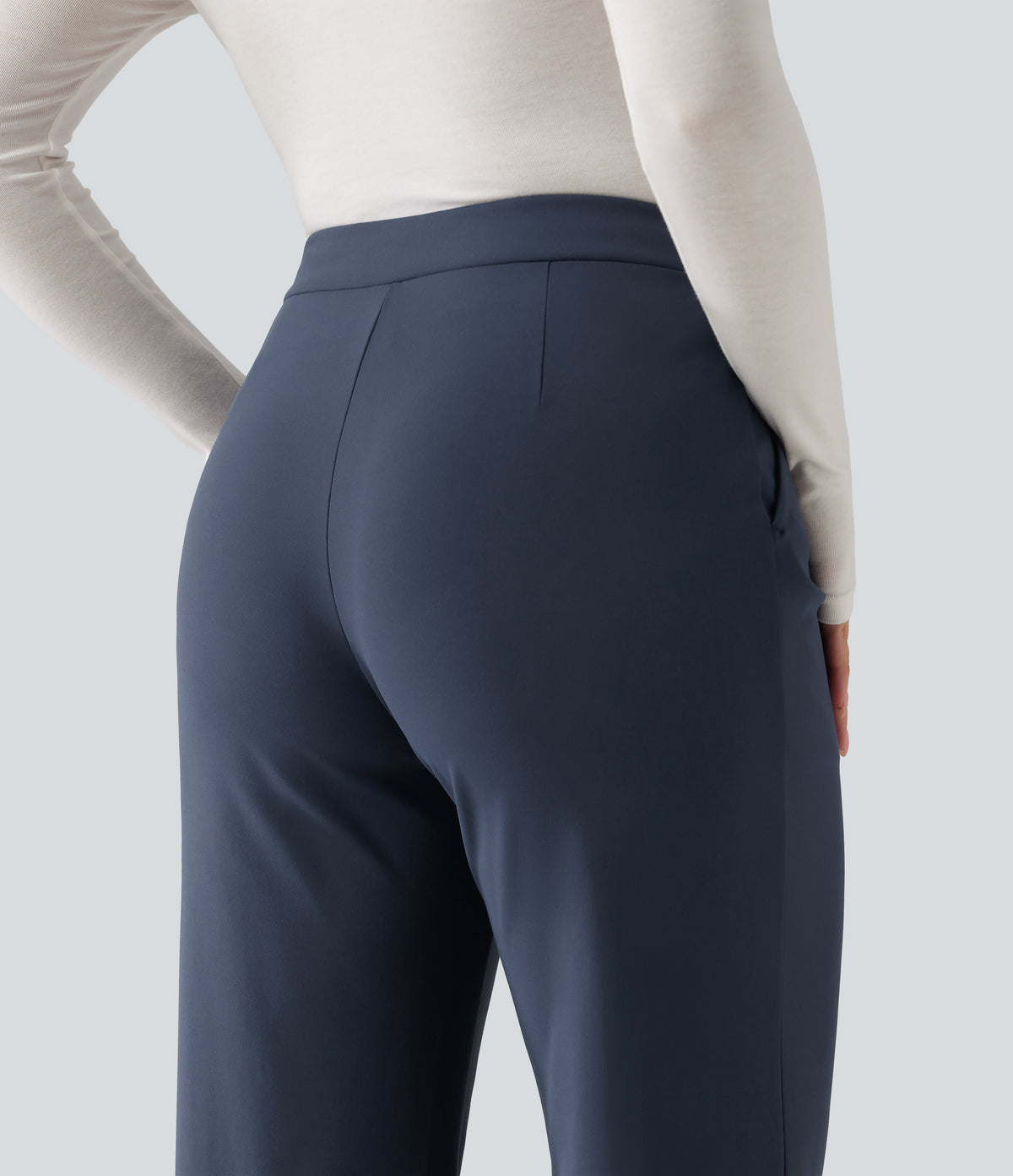 Winkle Recovery Mid Rise Asymmetric Waist Flare Work Trousers with Pockets — Midnight Blue — view 5
