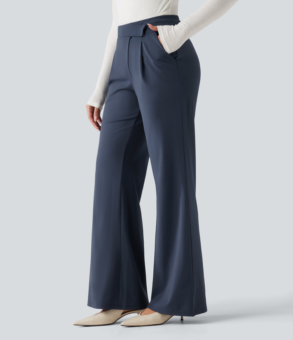 Winkle Recovery Mid Rise Asymmetric Waist Flare Work Trousers with Pockets — Midnight Blue — view 1