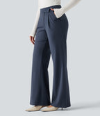 Winkle Recovery Mid Rise Asymmetric Waist Flare Work Trousers with Pockets — Midnight Blue — view 1