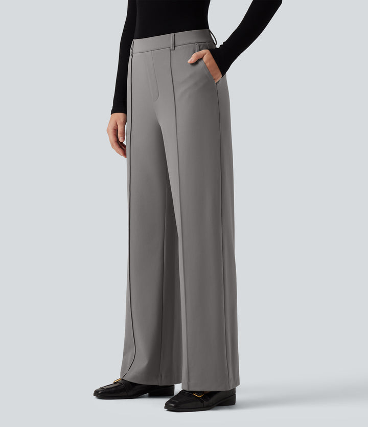 Wrinkle Recovery High Waisted Straight Leg Pintuck Work Trousers with Pockets — Silent Storm — view 1