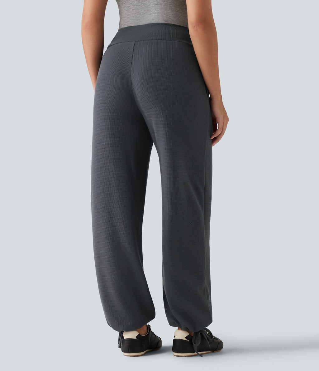 High Waisted Crossover Gathered Hem Casual Joggers with Pockets — Gray Pinstripe — view 2