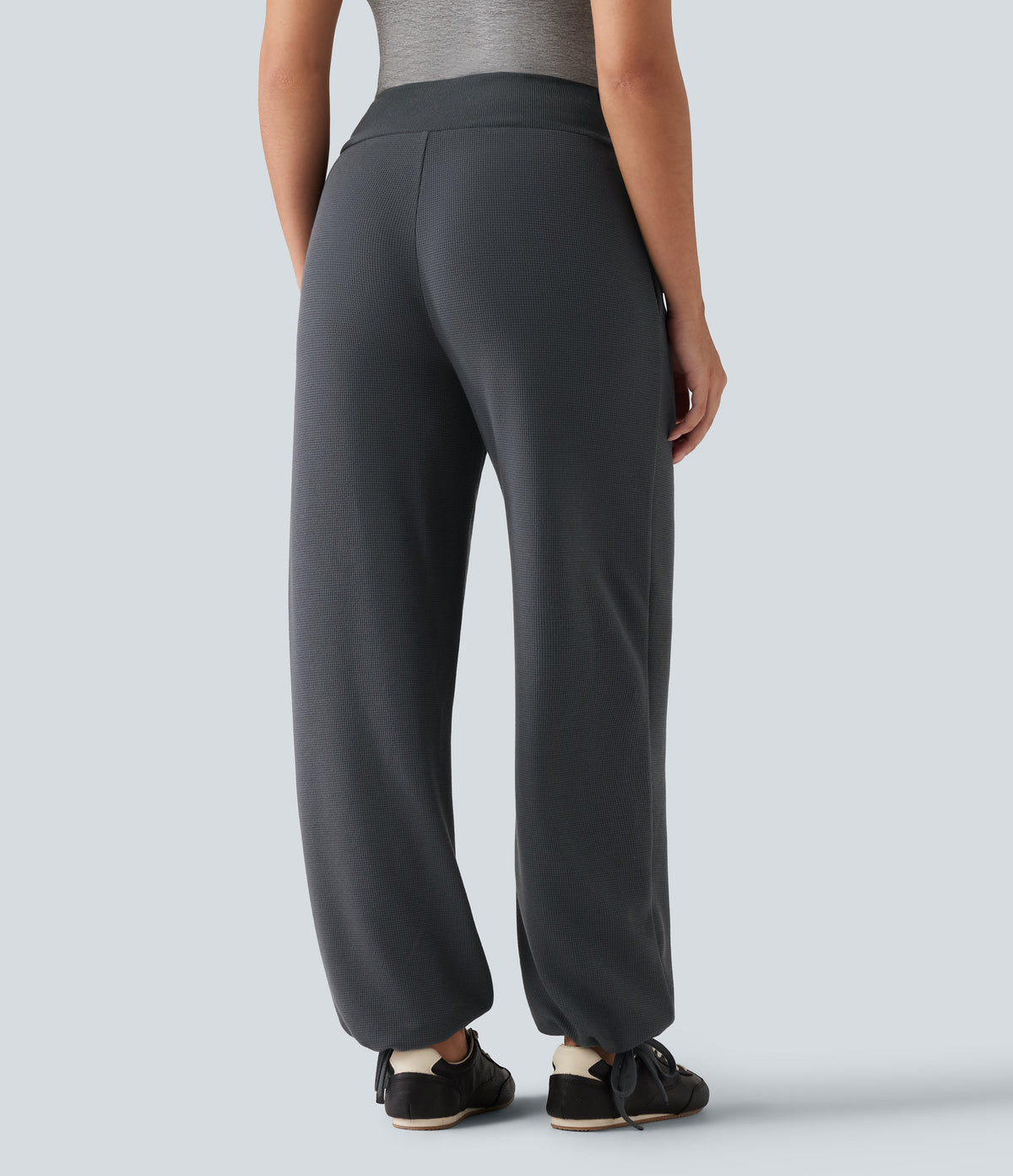 High Waisted Crossover Gathered Hem Casual Joggers with Pockets — Gray Pinstripe — view 2