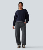 High Waisted Crossover Gathered Hem Casual Joggers with Pockets — Gray Pinstripe — view 8