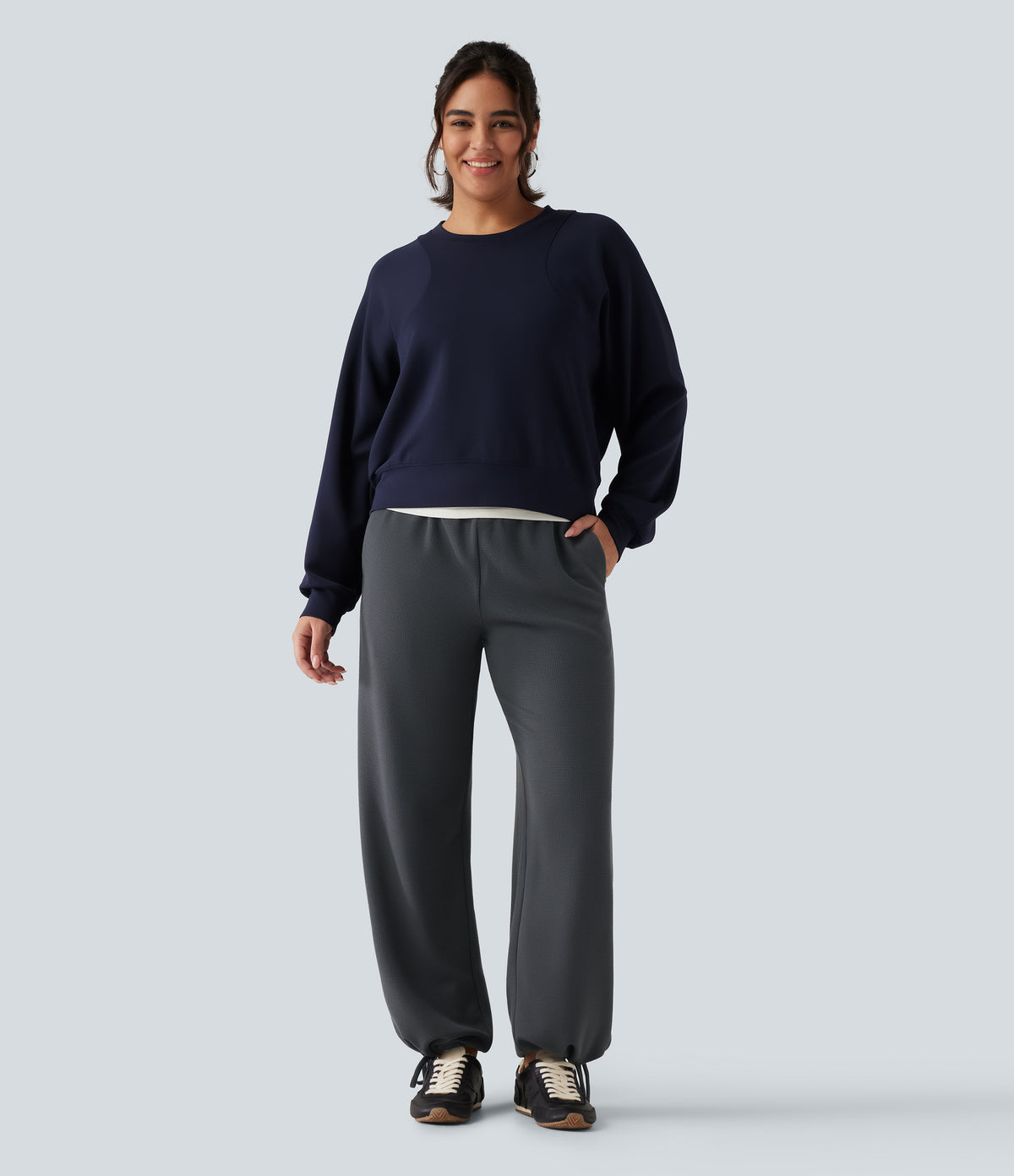 High Waisted Crossover Gathered Hem Casual Joggers with Pockets — Gray Pinstripe — view 8