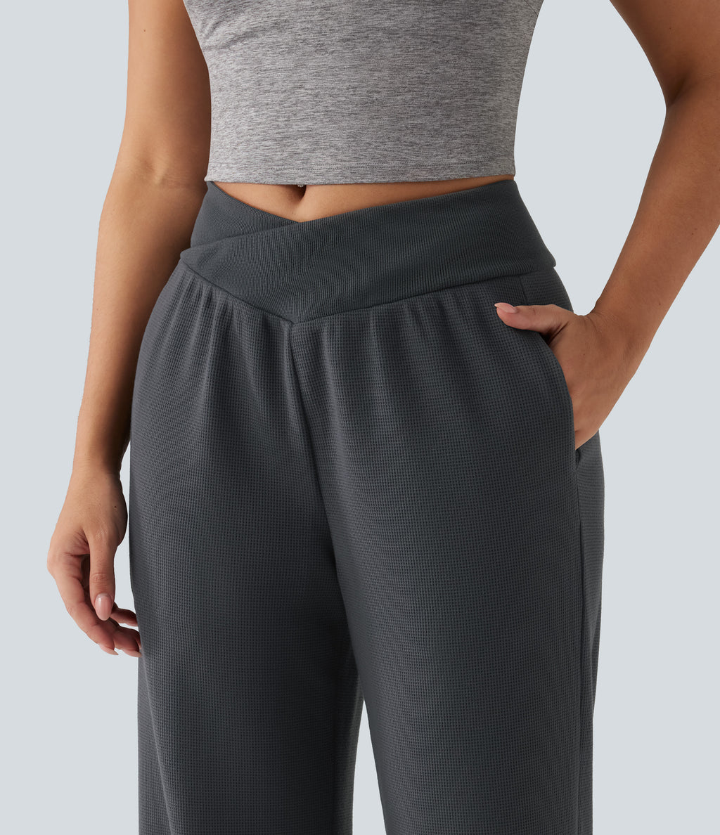 High Waisted Crossover Gathered Hem Casual Joggers with Pockets — Gray Pinstripe — view 4