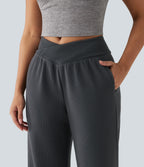 High Waisted Crossover Gathered Hem Casual Joggers with Pockets — Gray Pinstripe — view 4