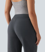 High Waisted Crossover Gathered Hem Casual Joggers with Pockets — Gray Pinstripe — view 5