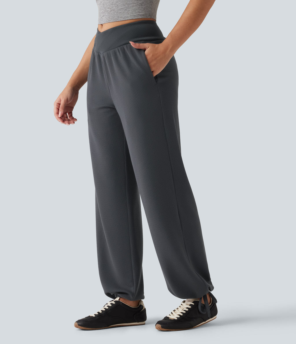 High Waisted Crossover Gathered Hem Casual Joggers with Pockets — Gray Pinstripe — view 3