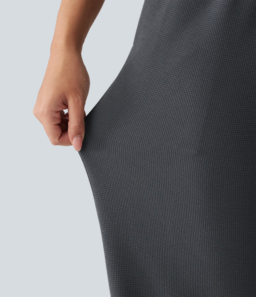 High Waisted Crossover Gathered Hem Casual Joggers with Pockets — Gray Pinstripe — view 7