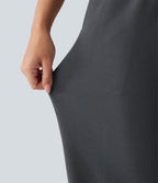 High Waisted Crossover Gathered Hem Casual Joggers with Pockets — Gray Pinstripe — view 7