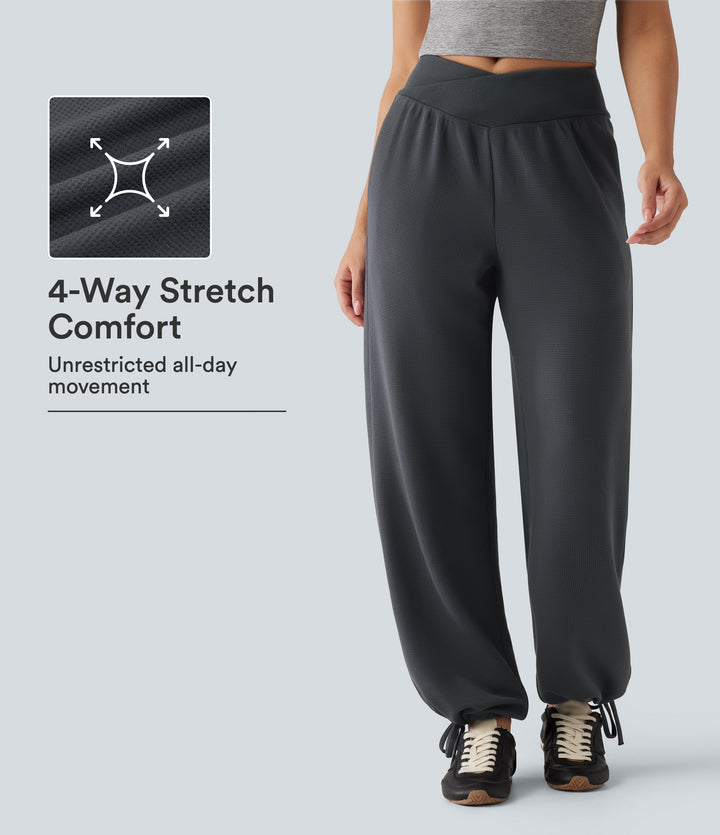 High Waisted Crossover Gathered Hem Casual Joggers with Pockets — Gray Pinstripe — view 1