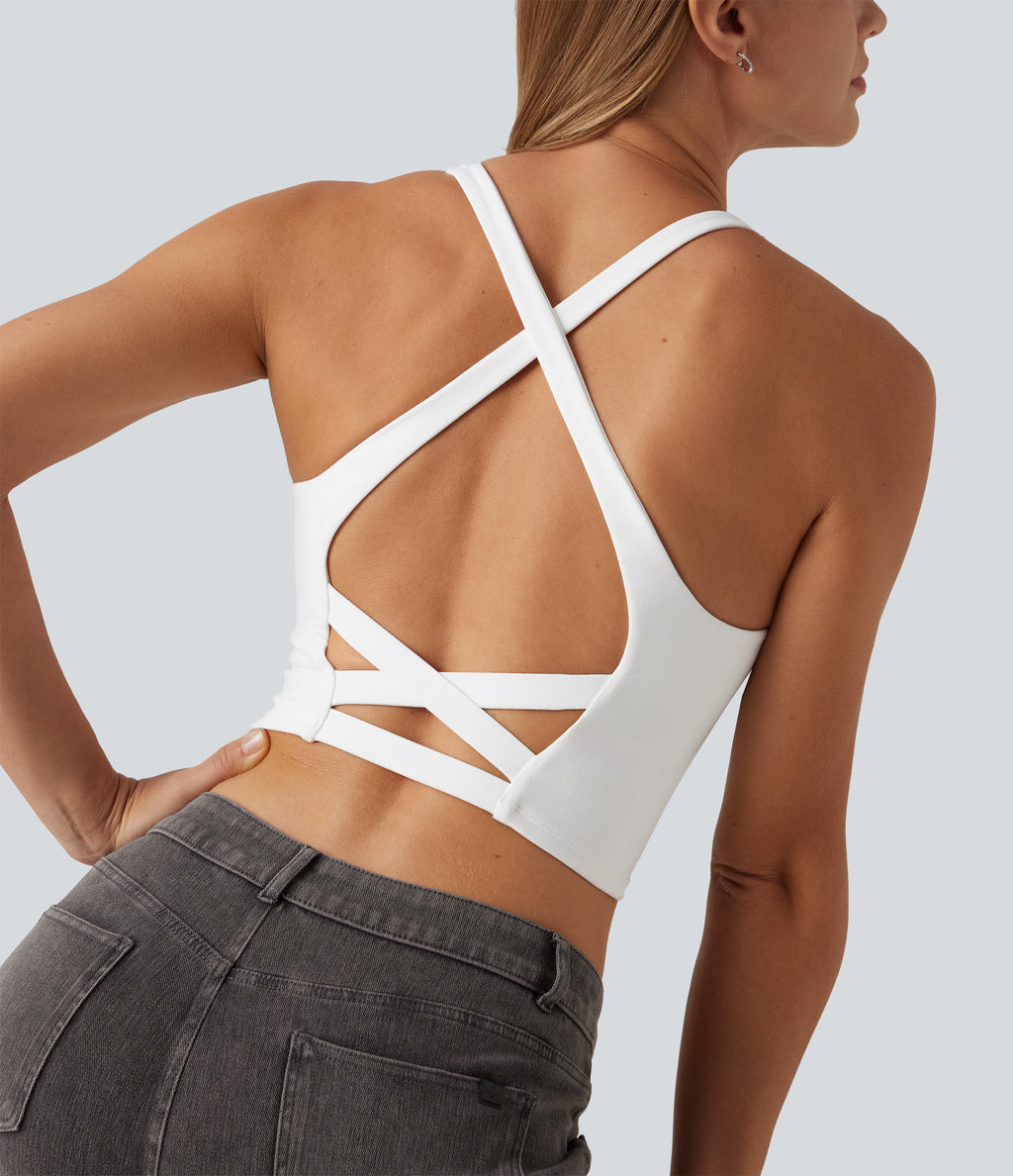 V Neck Crisscross Casual Tank Top with Built-in Bra — White — view 5