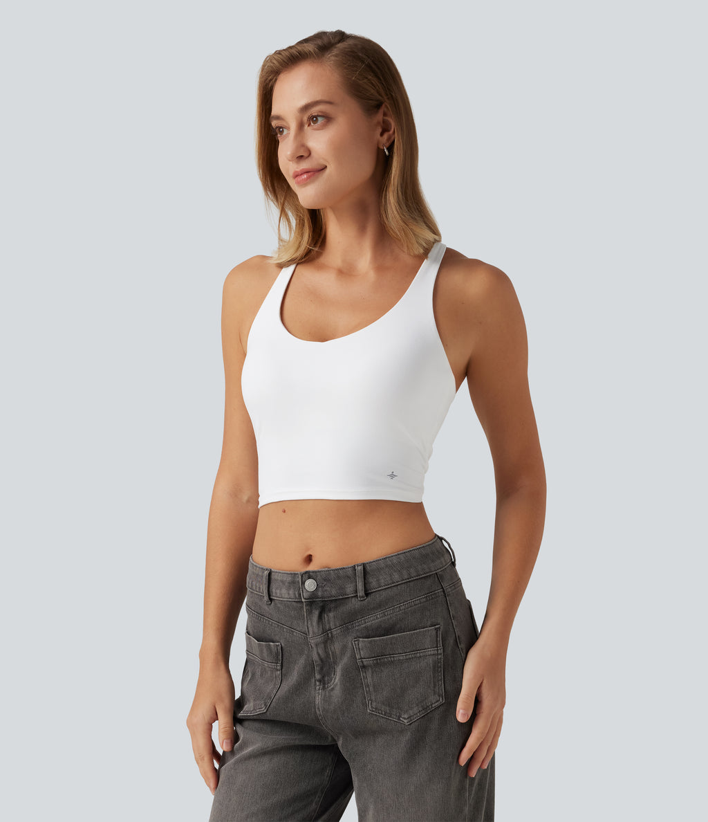 V Neck Crisscross Casual Tank Top with Built-in Bra — White — view 3