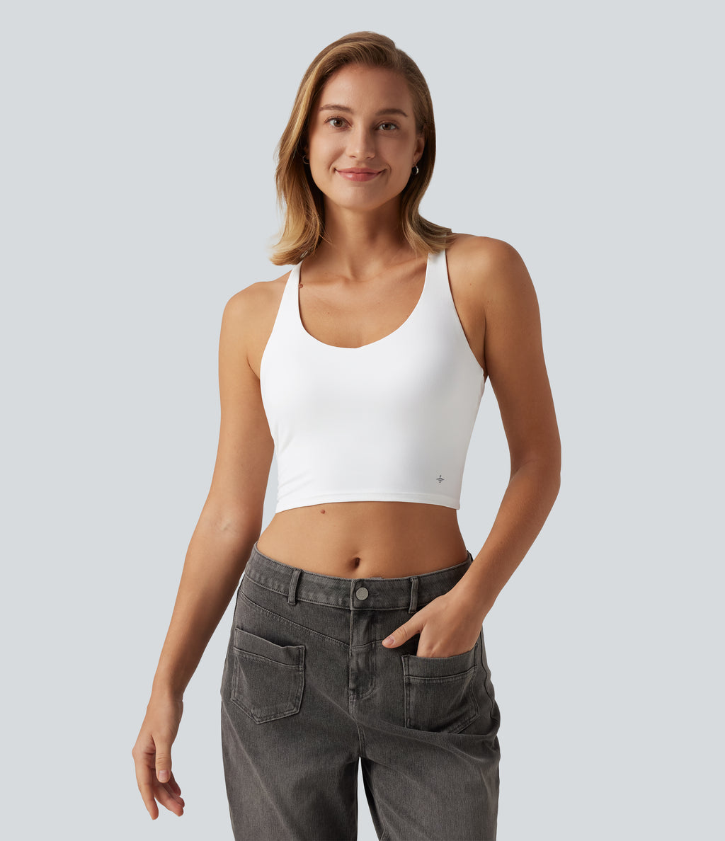 V Neck Crisscross Casual Tank Top with Built-in Bra — White — view 2