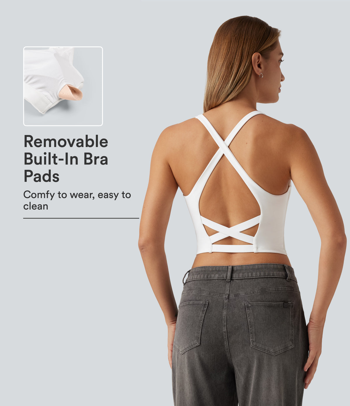 V Neck Crisscross Casual Tank Top with Built-in Bra — White — view 1