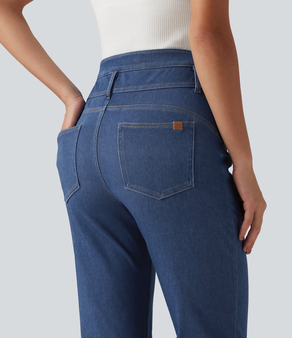 Mid Rise Tummy Control Bootcut Casual Jeans with Pockets — Gulf Stream Blue Denim — view 5