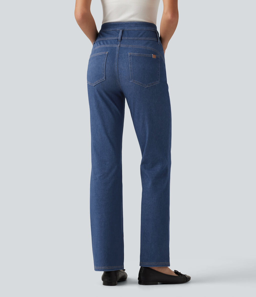 Mid Rise Tummy Control Bootcut Casual Jeans with Pockets — Gulf Stream Blue Denim — view 2