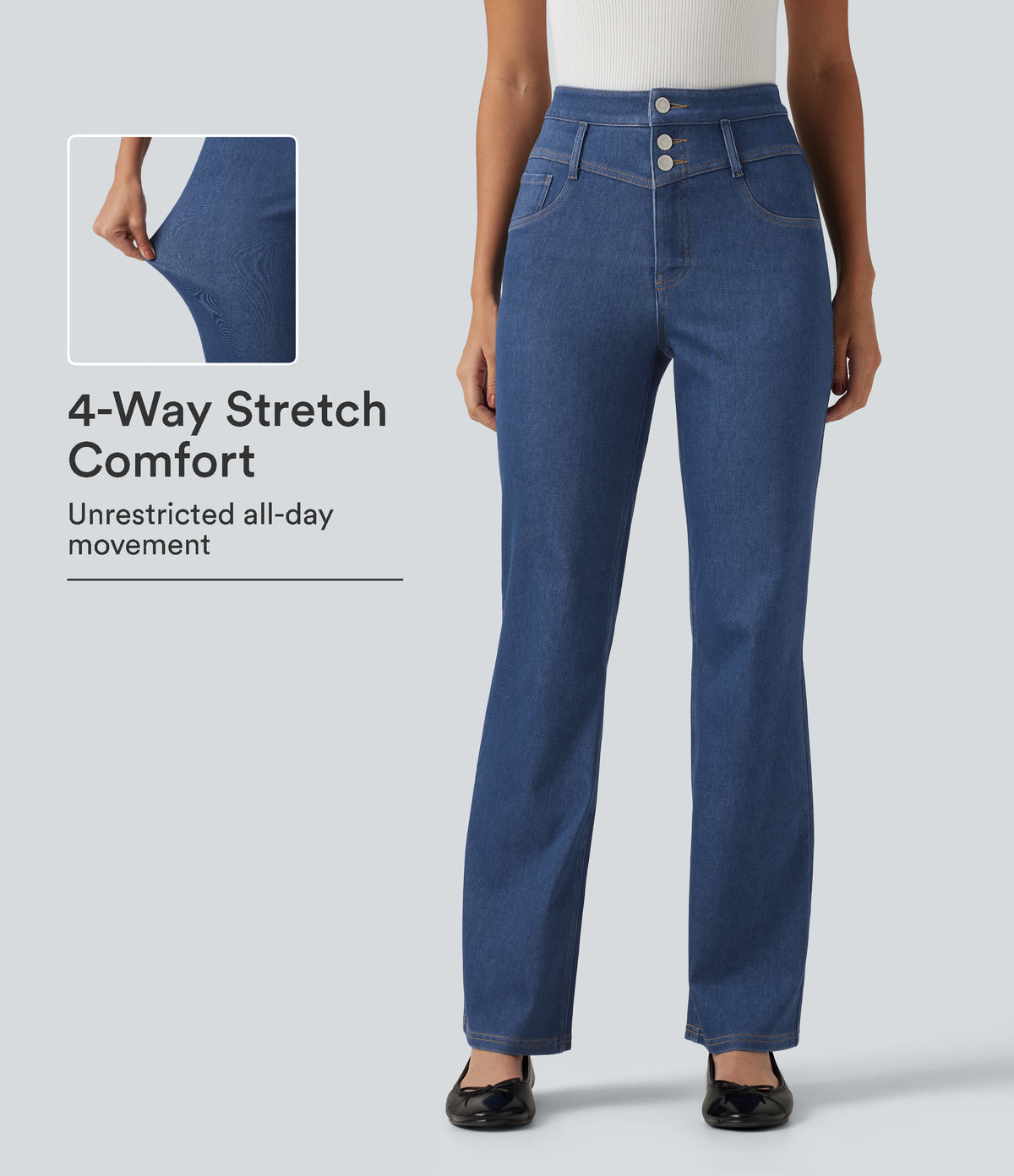 Mid Rise Tummy Control Bootcut Casual Jeans with Pockets — Gulf Stream Blue Denim — view 1