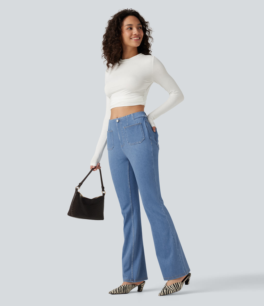 Mid Rise Bootcut Casual Jeans with Pockets — Vallarta Blue Denim — view 7