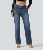 Mid Rise Asymmetric Straight Leg Casual Jeans with Pockets — Tide Blue Denim — view 4