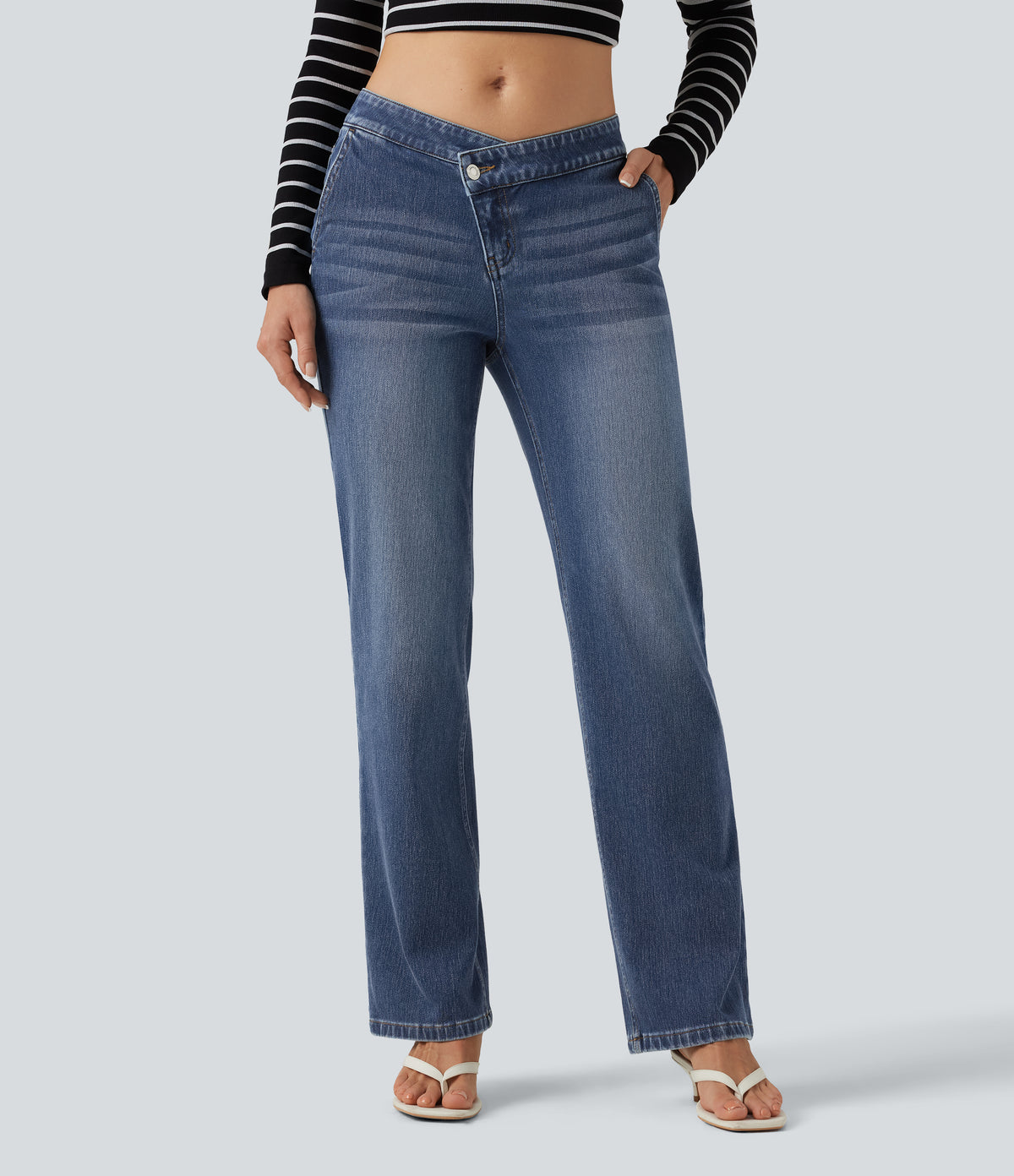 Mid Rise Asymmetric Straight Leg Casual Jeans with Pockets — Tide Blue Denim — view 4