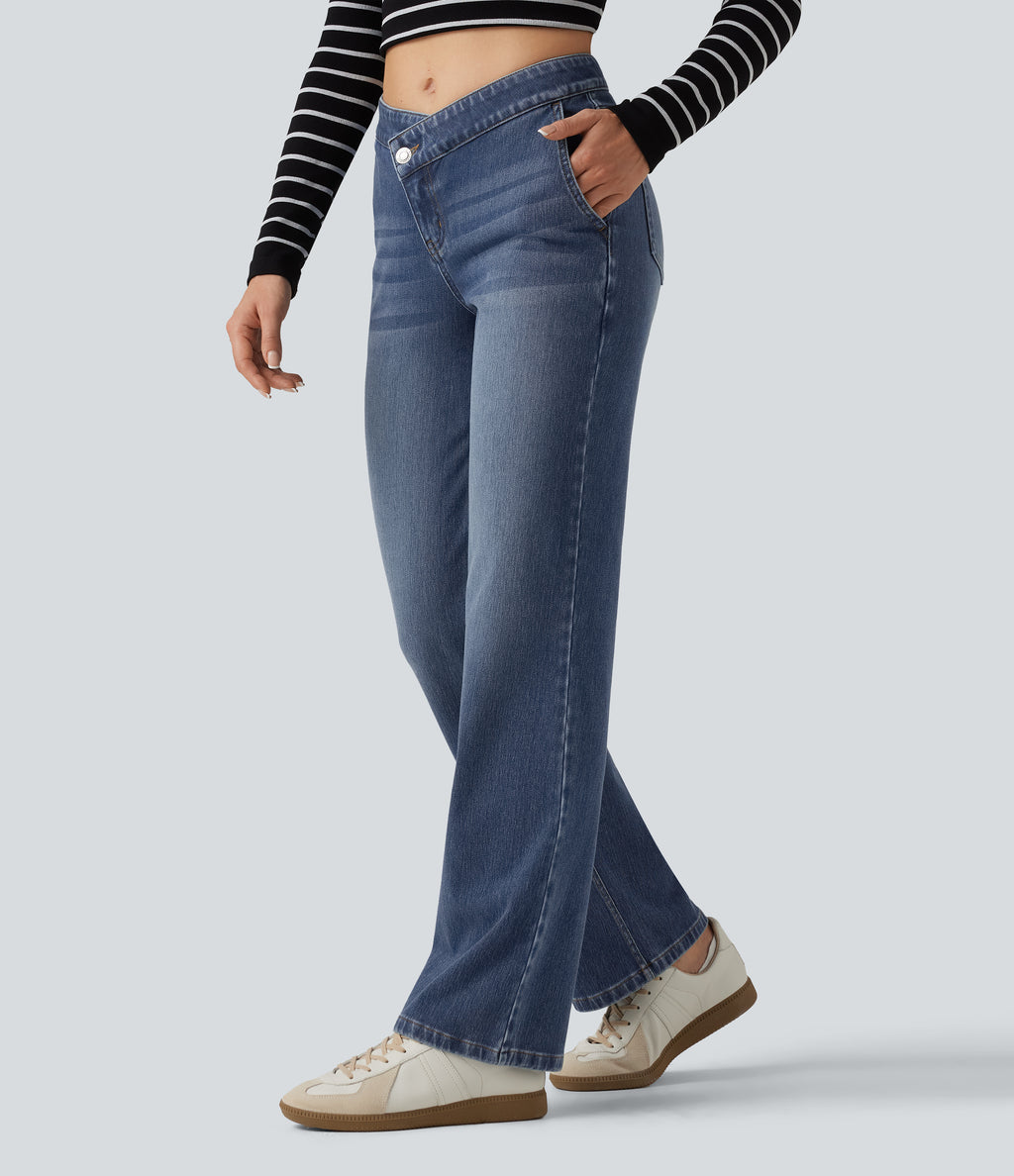 Mid Rise Asymmetric Straight Leg Casual Jeans with Pockets — Tide Blue Denim — view 3