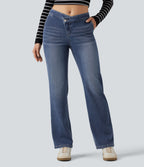 Mid Rise Asymmetric Straight Leg Casual Jeans with Pockets — Tide Blue Denim — view 1