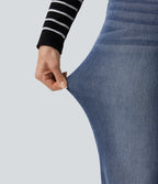 Mid Rise Asymmetric Straight Leg Casual Jeans with Pockets — Tide Blue Denim — view 7