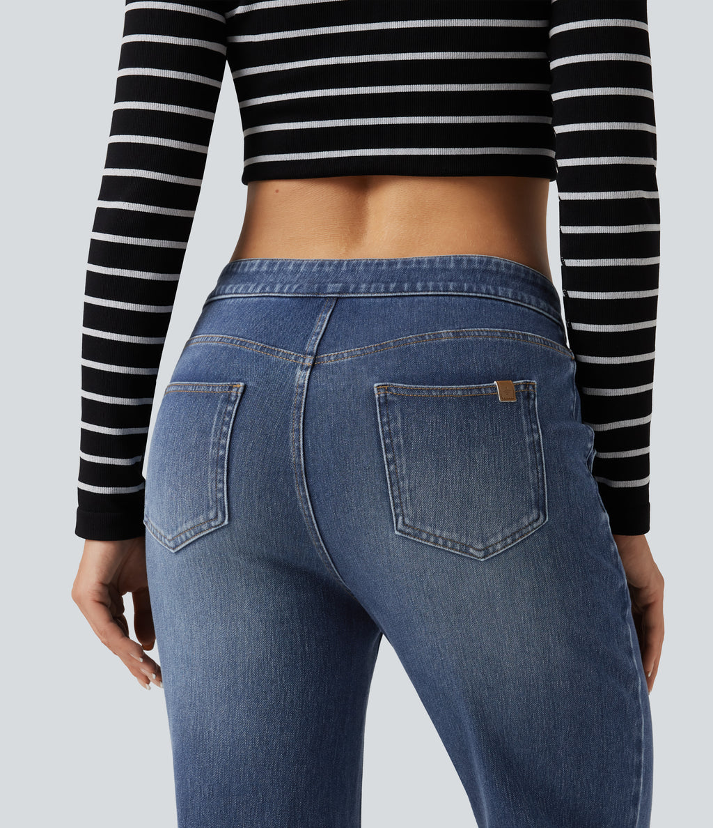 Mid Rise Asymmetric Straight Leg Casual Jeans with Pockets — Tide Blue Denim — view 5