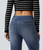 Mid Rise Asymmetric Straight Leg Casual Jeans with Pockets — Tide Blue Denim — view 5