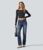 Mid Rise Asymmetric Straight Leg Casual Jeans with Pockets — Tide Blue Denim — view 8