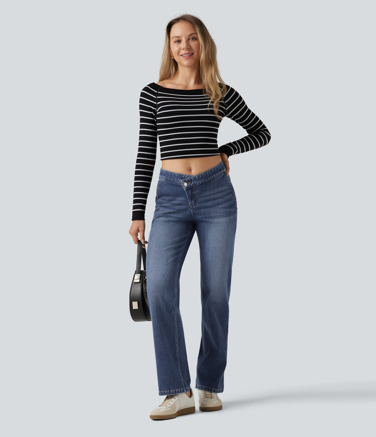 Mid Rise Asymmetric Straight Leg Casual Jeans with Pockets — Tide Blue Denim — view 8