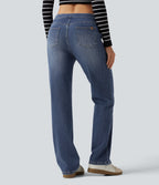 Mid Rise Asymmetric Straight Leg Casual Jeans with Pockets — Tide Blue Denim — view 2