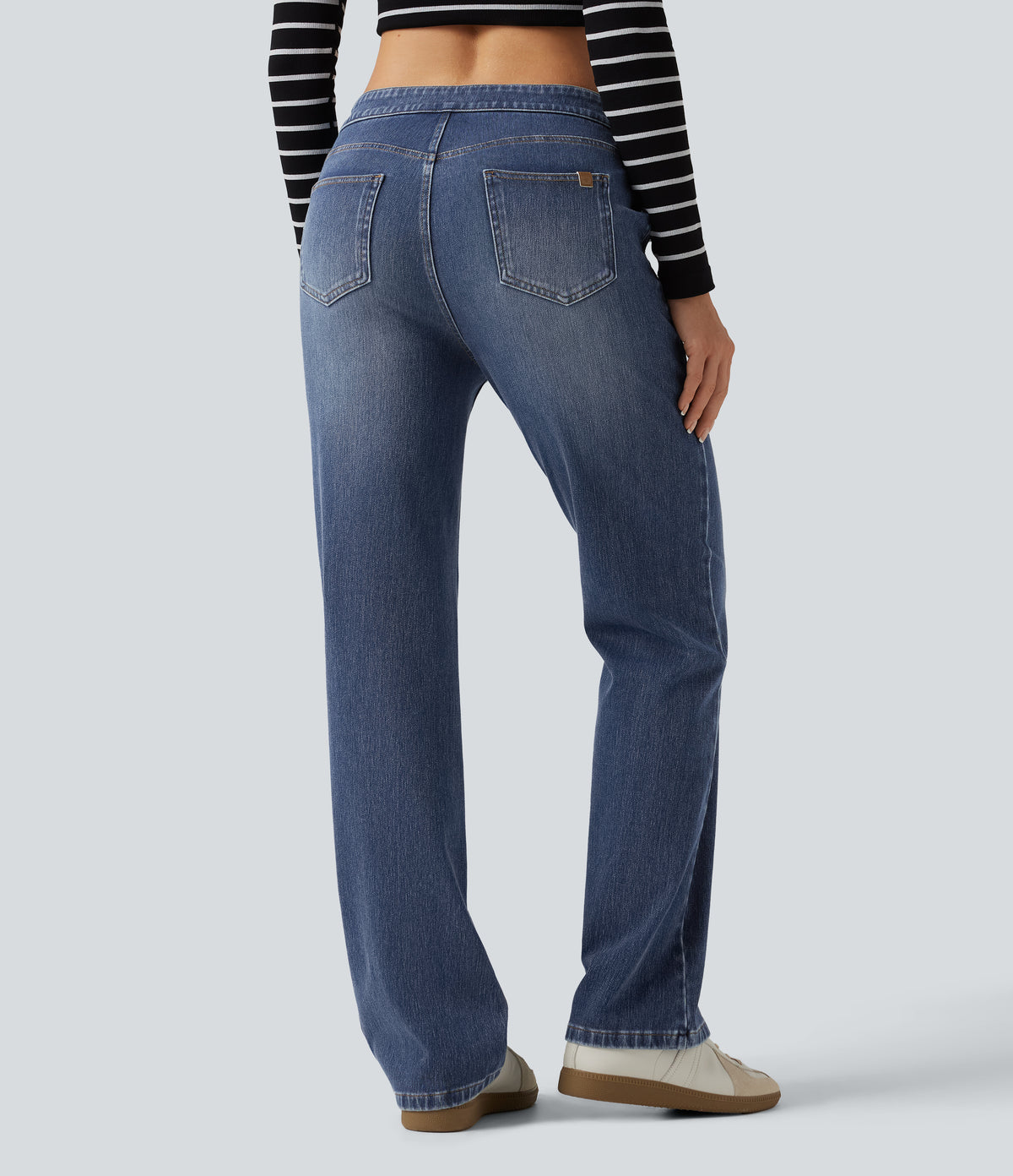 Mid Rise Asymmetric Straight Leg Casual Jeans with Pockets — Tide Blue Denim — view 2