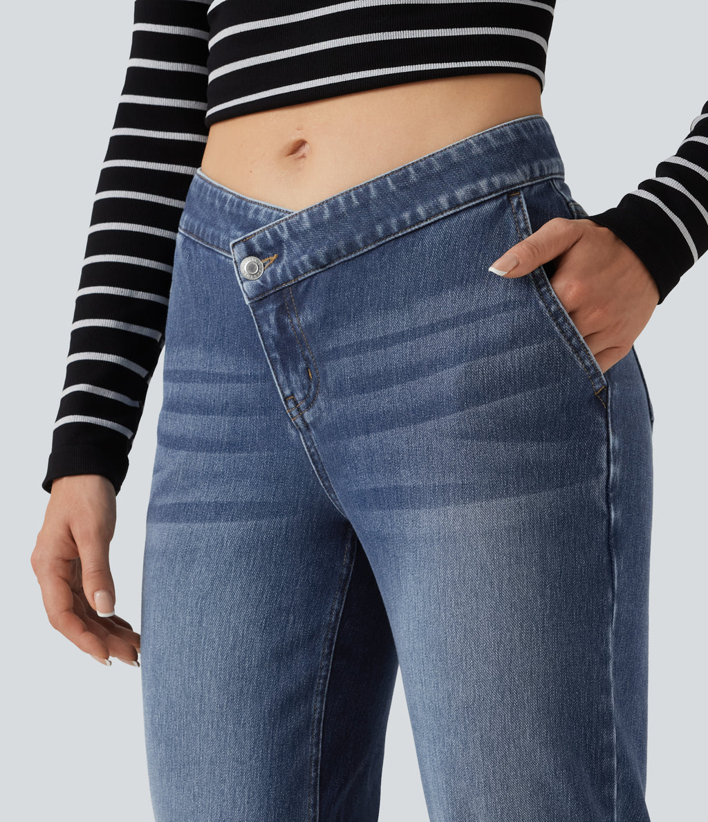 Mid Rise Asymmetric Straight Leg Casual Jeans with Pockets — Tide Blue Denim — view 6