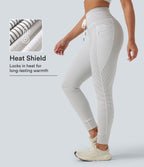 High Waisted Drawstring Stripe Fleece Yoga Leggings with Pockets — Zebra Ripple — view 1