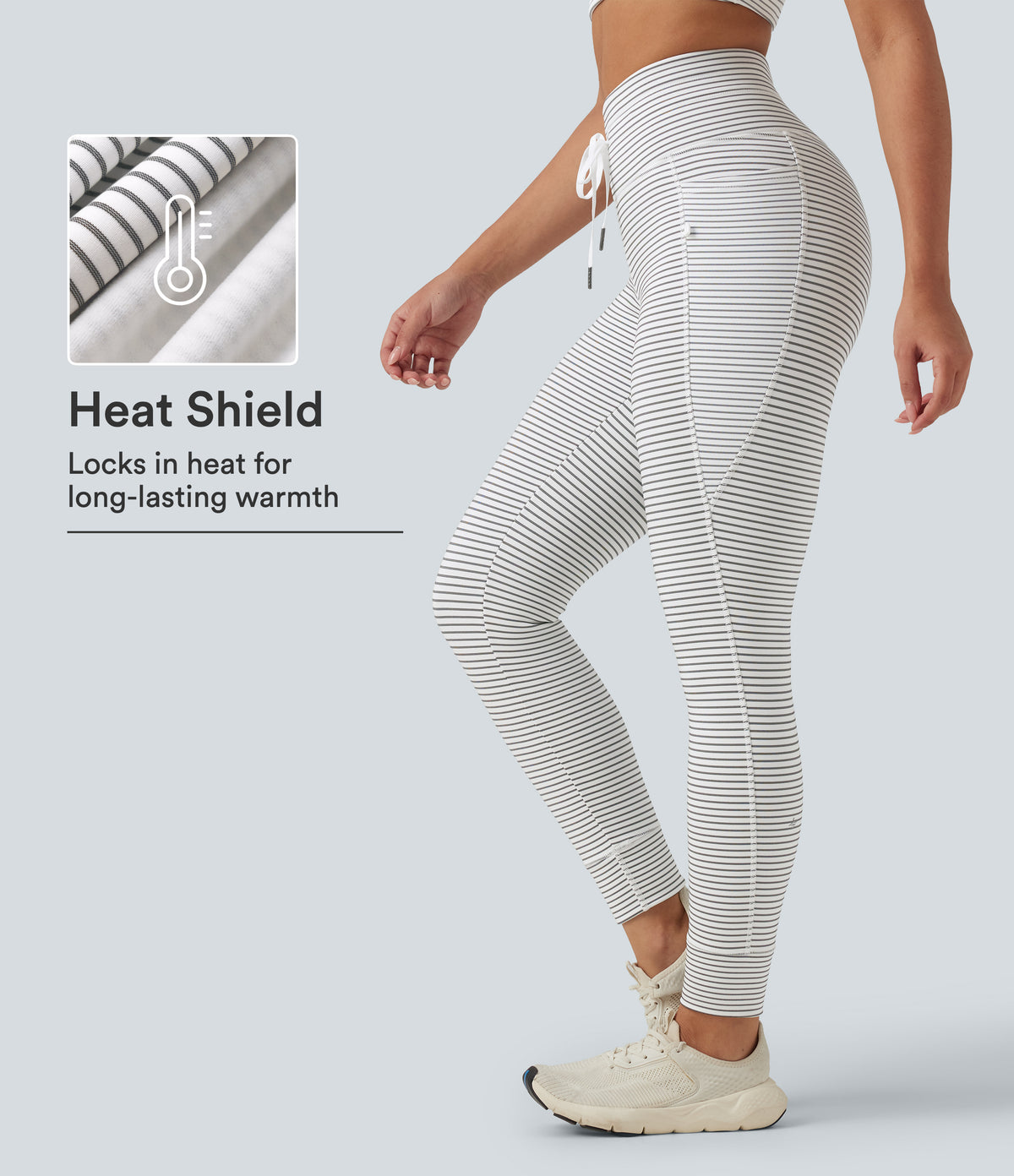 High Waisted Drawstring Stripe Fleece Yoga Leggings with Pockets — Zebra Ripple — view 1